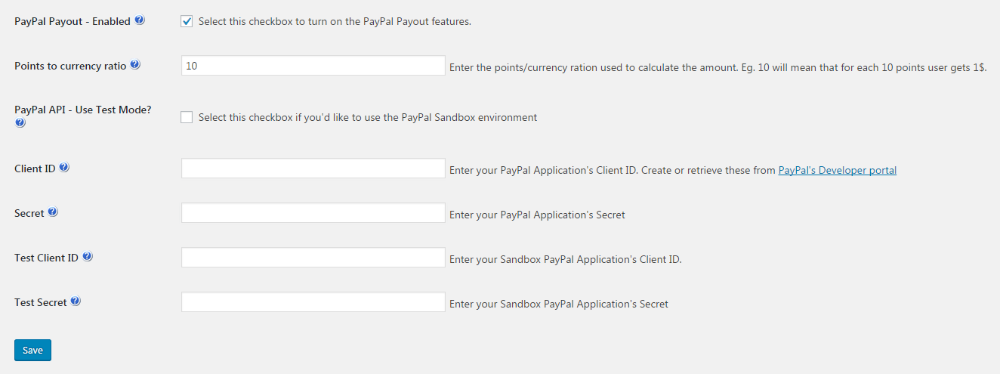 PayPal integration settings - Points and Rewards Plugin