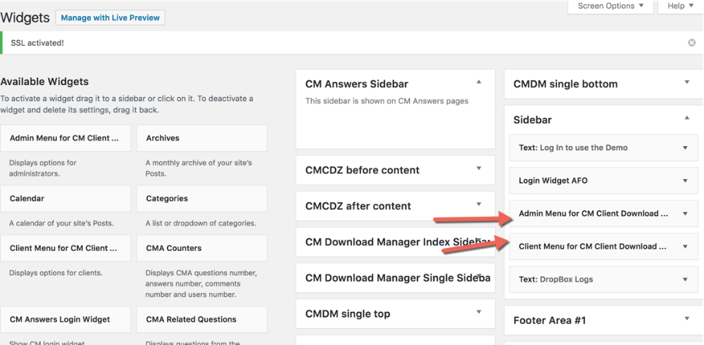 Adding Client Download Zone widgets - WordPress Download Area