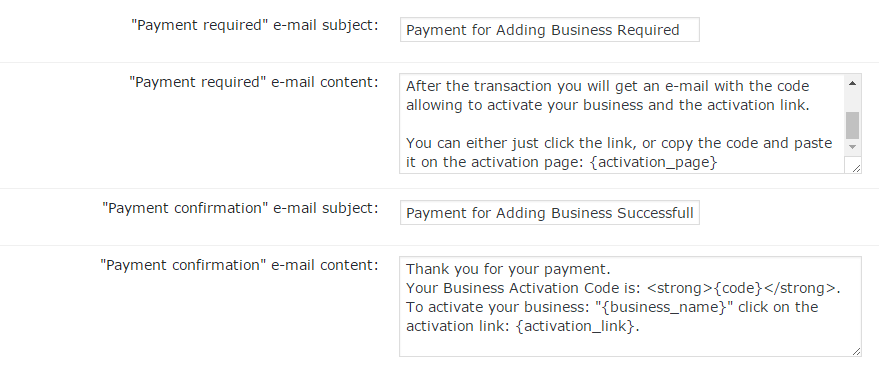 WordPress Business Directory Payments Notification settings