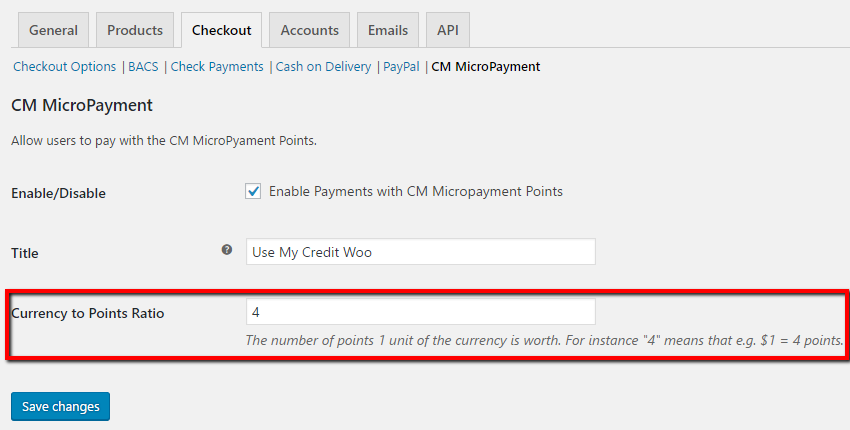 WooCommerce plugin integration - setting up currency to points ratio - WordPress User Wallet Credit System