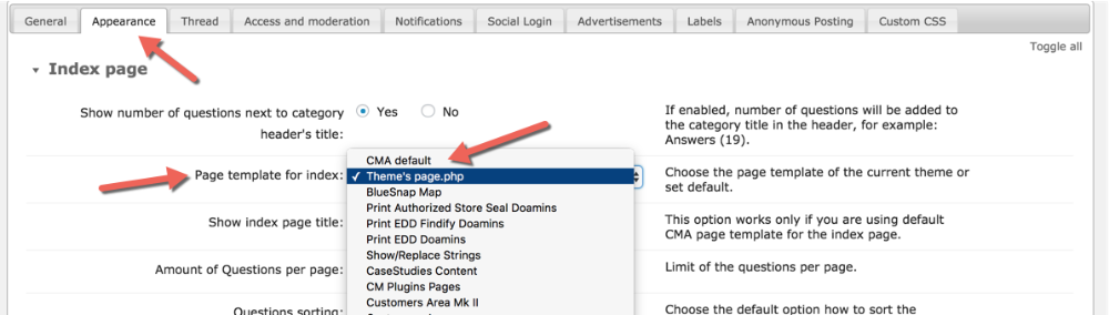 Choosing a template for the index page - WordPress Question and Answer Plugin