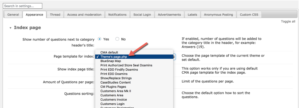 Choosing a template for the index page - Discussion Forum Plugin for WordPress