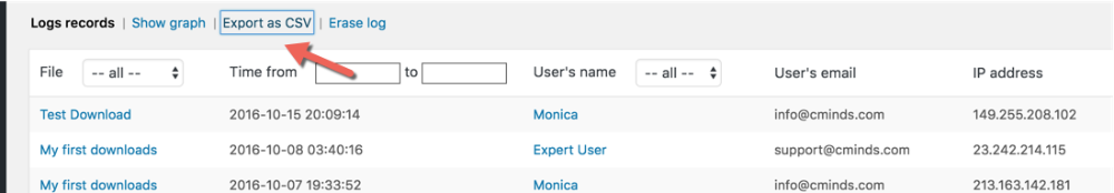 Exporting the data to CSV - WordPress File Manager Plugin