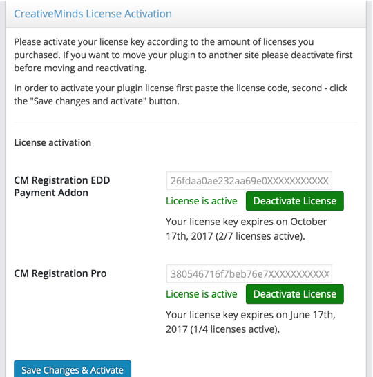 Activating the plugin and add-on license keys - WordPress Plugin User Registration