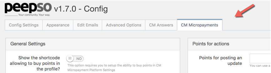 CM MicroPayments tab in PeepSo settings - WordPress User Wallet Credit System