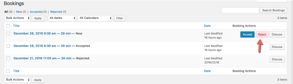 Rejecting the booking - Event Booking Calendar WordPress Plugin