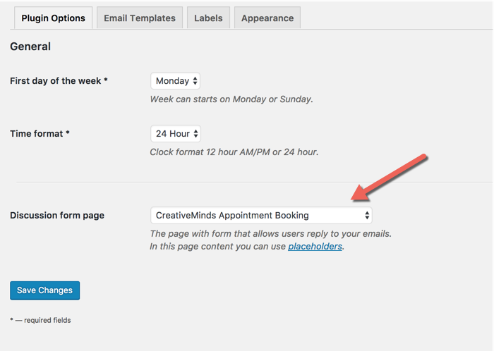 Specifying the page with the discussion form page - Event Booking Calendar WordPress Plugin