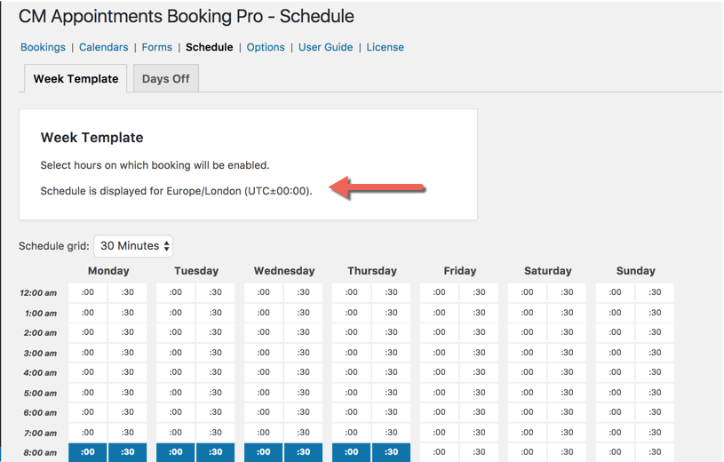 Timezone tip on the schedule editing page - WordPress Plugin for Scheduling Consultations