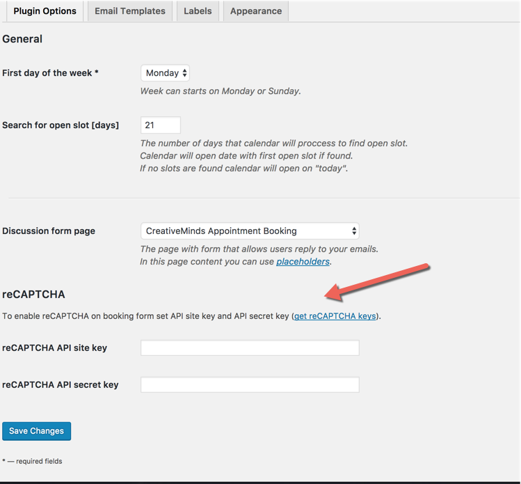 reCaptcha settings - WordPress Calendar Booking Plugin
