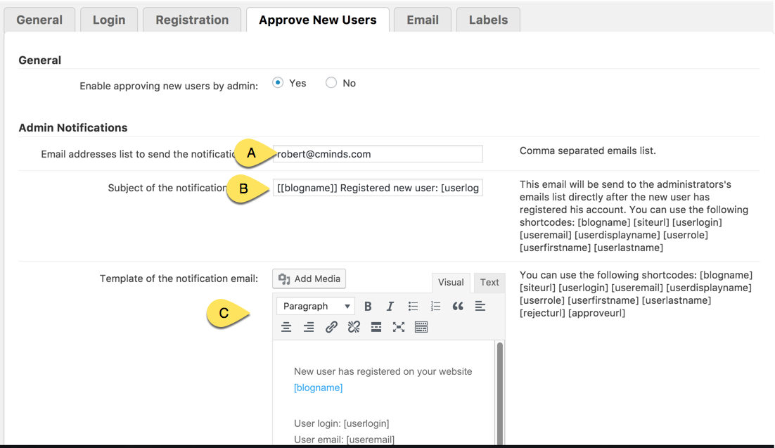 Admin notifications template settings - WordPress Registration Form Plugin