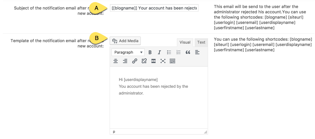 Subject and body of the rejection email template - WordPress Registration Form Plugin