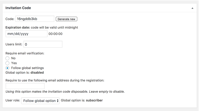 Creating new invitation code - User Registration WordPress