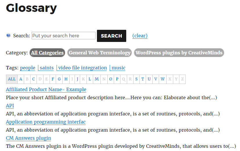 Example of the glossary index page with all categories and tags - WordPress Internal Linking Plugin