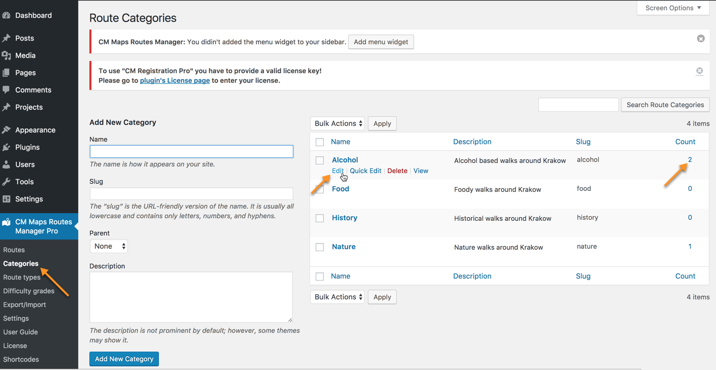 Managing categories - WordPress Plugin Show Route