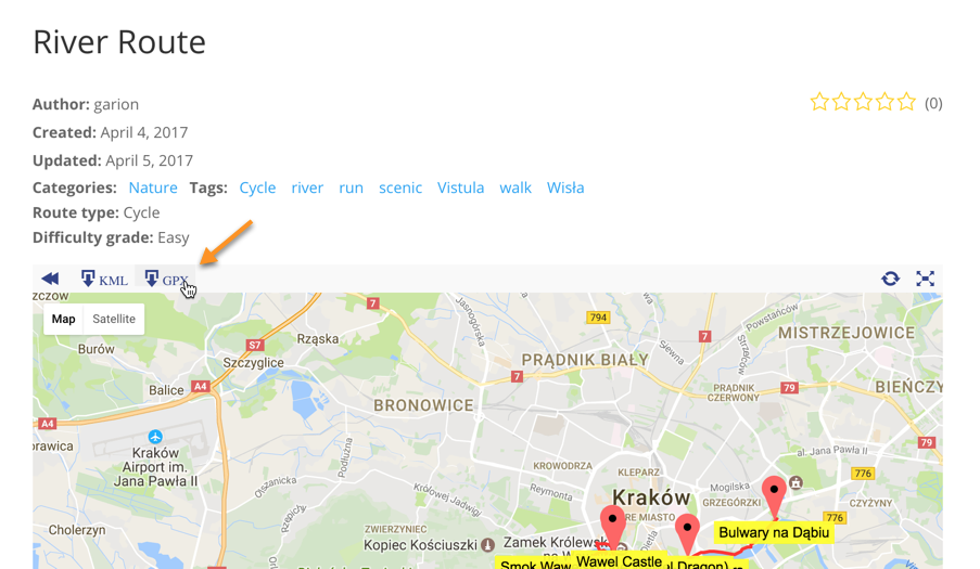 Exporting the route to GPX file from the route page - Route Display WordPress