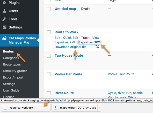 Exporting the route to GPX file from the back-end - Route Display Plugin