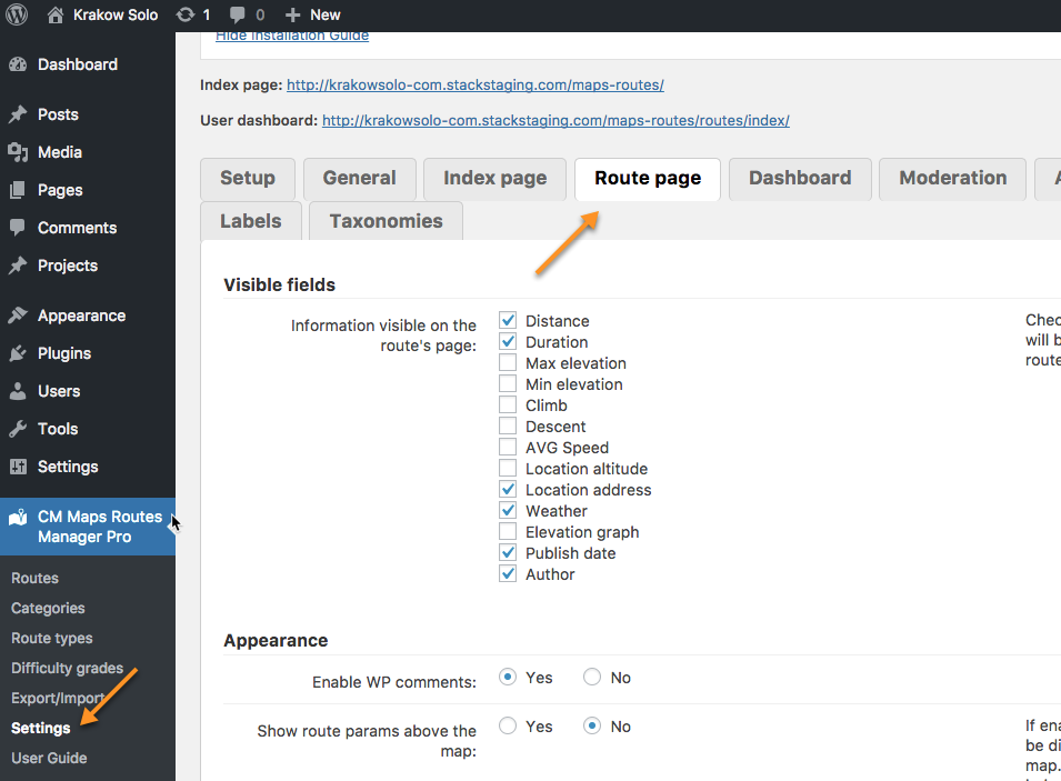 Route page settings - WordPress Plugin Show Route