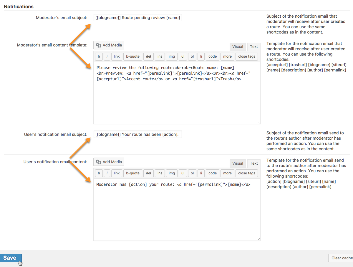 Notifications settings - Route Display Plugin