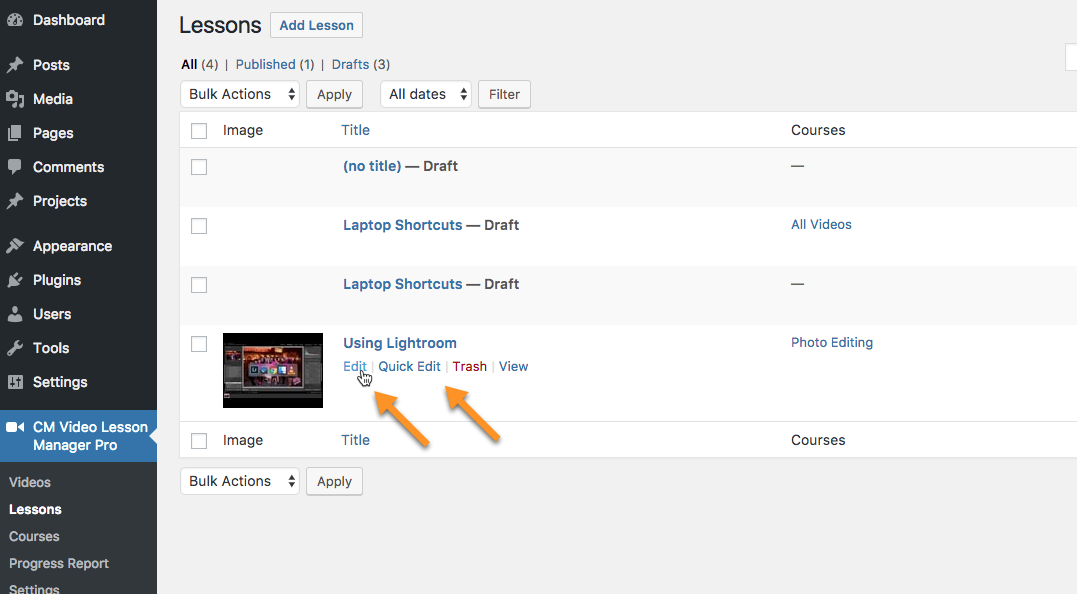 Editing lessons - WordPress Learning Management System Plugin