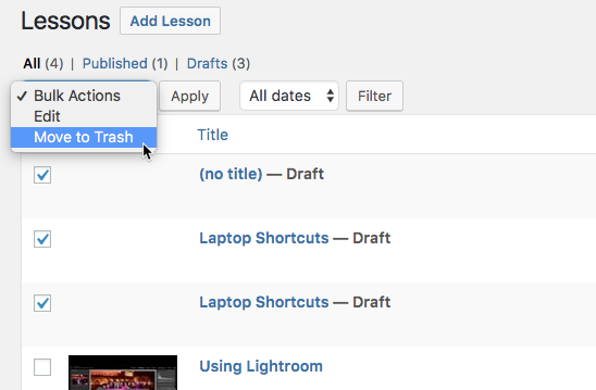 Removing lessons in bulk - WordPress Video Courses