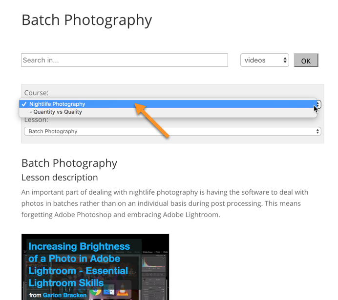 Example of a subcourse on the front-end - WordPress Video Lessons Plugin