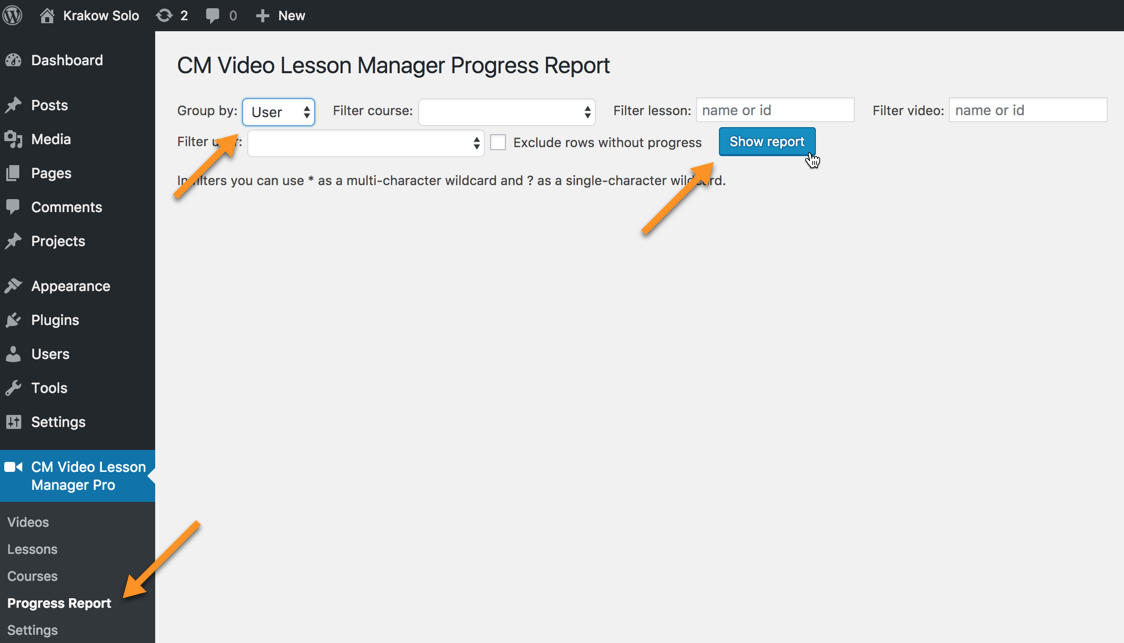 Navigation to the Progress Report dashboard - WordPress Video Course Plugin