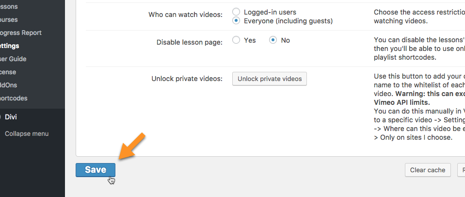 Saving the settings - WordPress Video Lessons Plugin