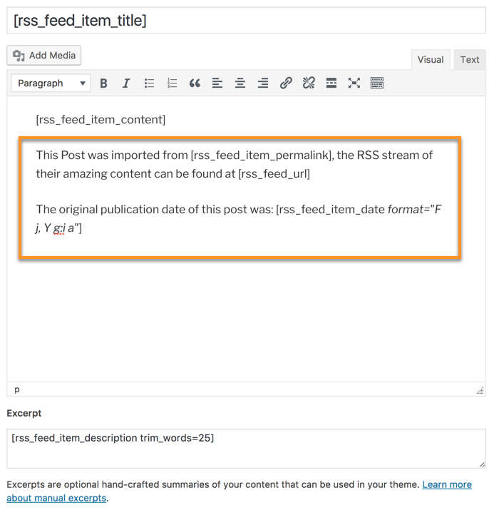 Building a template using shortcodes - RSS Feeds Importer Plugin