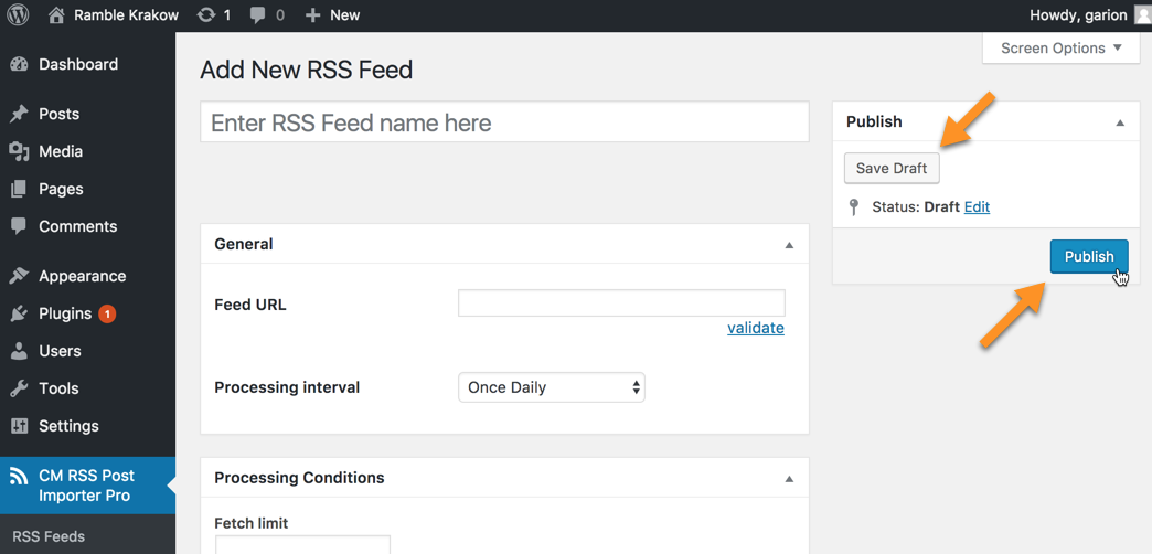 Publishing the feed - RSS Importer WordPress