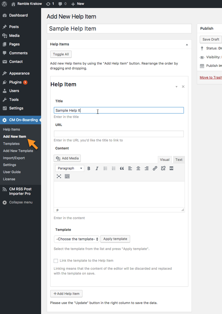 Form for adding help items - OnBoarding Plugin WordPress