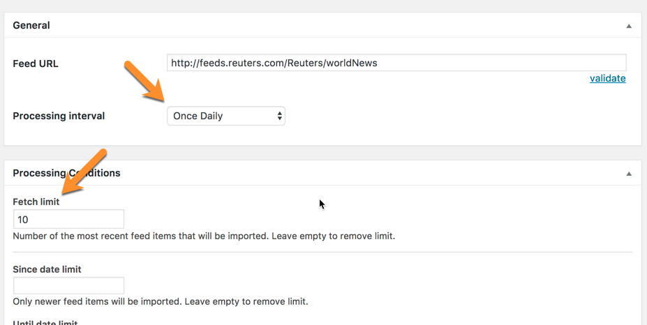 Setting up the processing interval and fetch limit - WordPress RSS Multi Importer Plugin