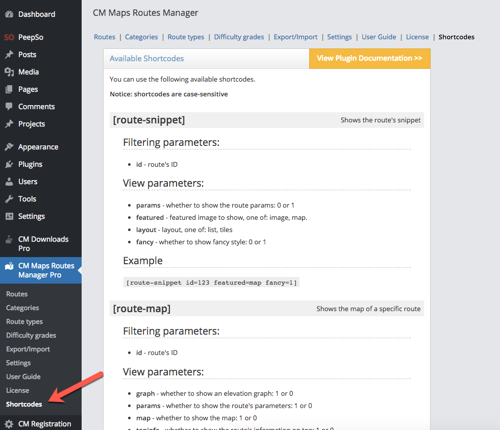 Plugin shortcodes list - WordPress Plugin Show Route