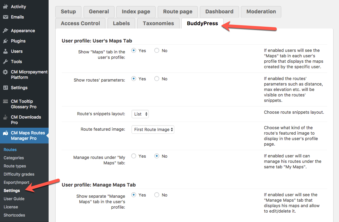 BuddyPress integration settings - WordPress Plugin Show Route