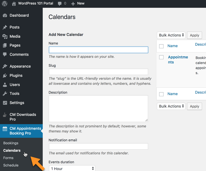 Managing calendars - WordPress Scheduling Plugin