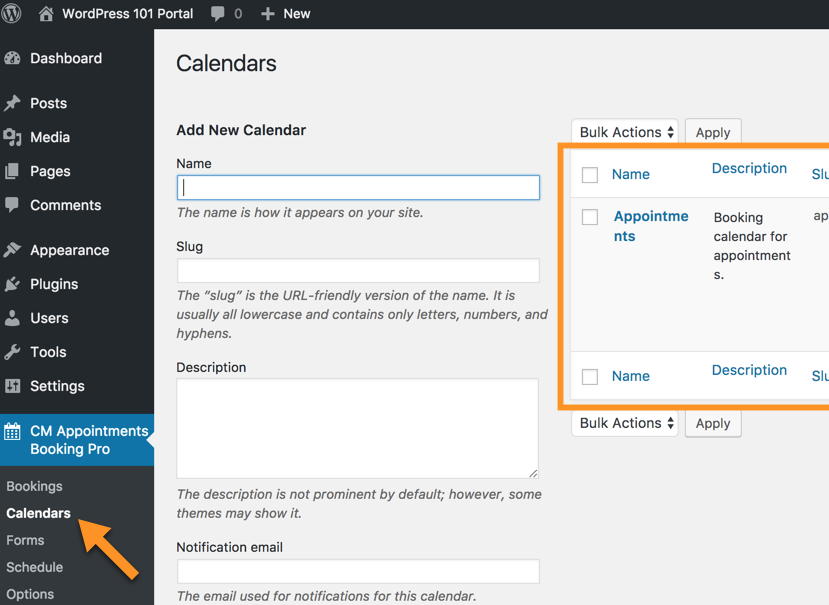 Page for managing calendars - WordPress Scheduling Plugin