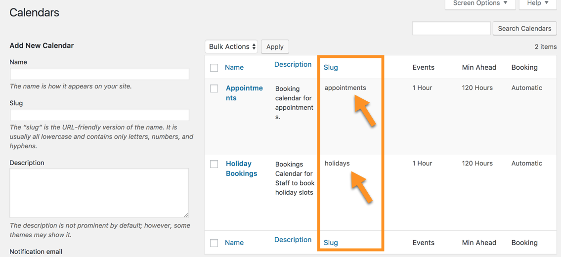 Calendars slugs - Appointment Scheduling Plugin WordPress