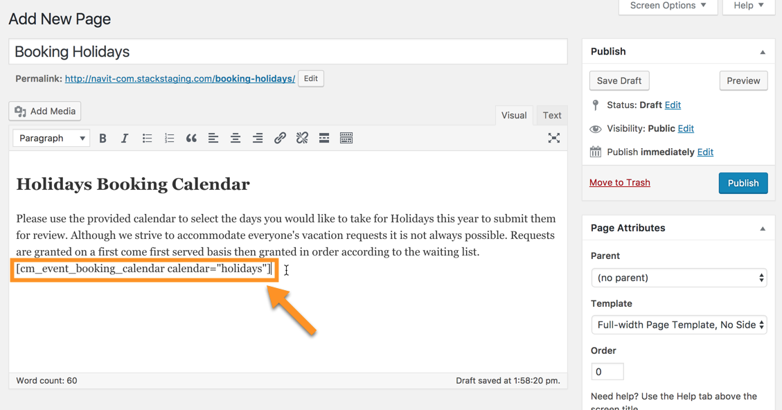 Placing the calendar on the page - Event Booking Calendar WordPress Plugin