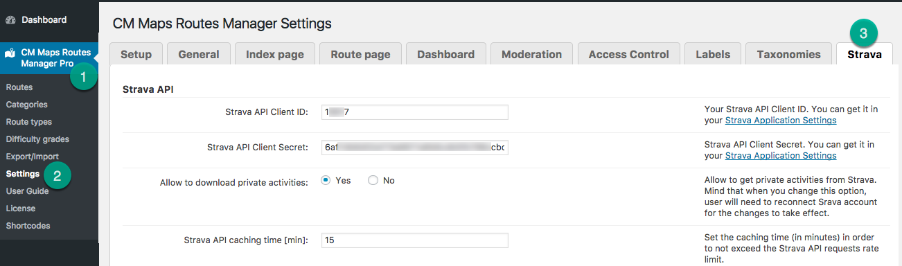 Strava integration settings - WordPress Plugin Show Route