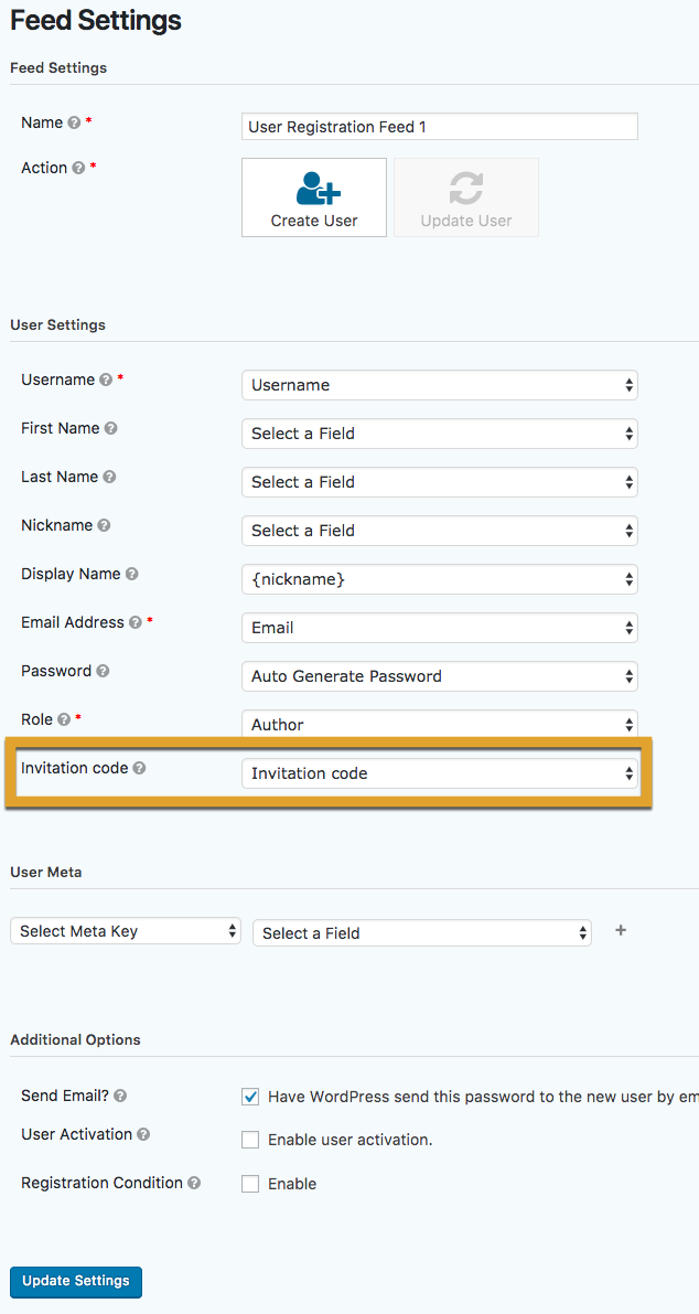 The invitation code option in the feed settings - WordPress Custom Login