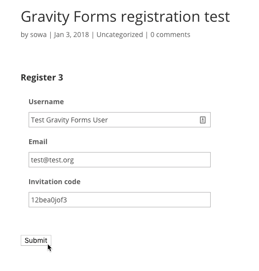 Entering the invitation code in the gravity forms registration page - Social Login WordPress