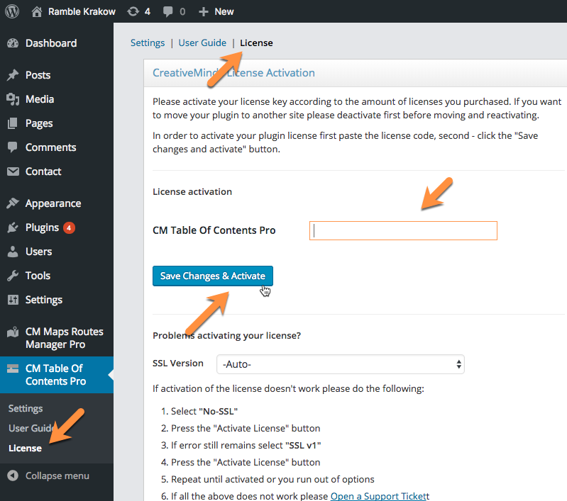 Adding the license key - Floating Table of Contents WordPress