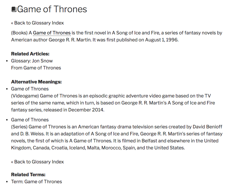 Example of the term page with with multiple meanings - Glossary Plugin WordPress