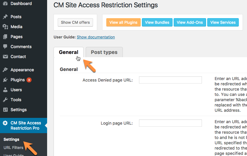 General settings tab - WordPress Restrict Content