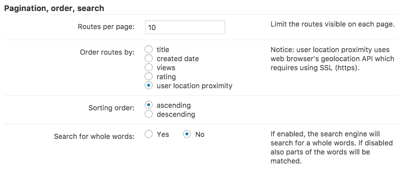 Pagination, order and search settings - Route Display Plugin