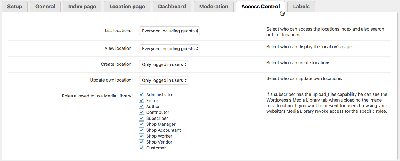 Access Control settings - Google Maps WordPress Plugin