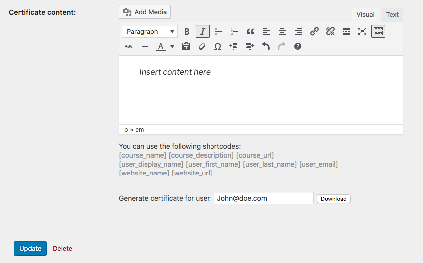 Editing the certificate - Online Course WordPress Plugin
