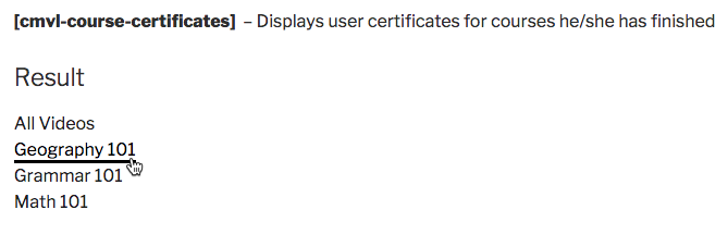 Displaying the list of achieved course certificates to the user - WordPress Video Course Plugin