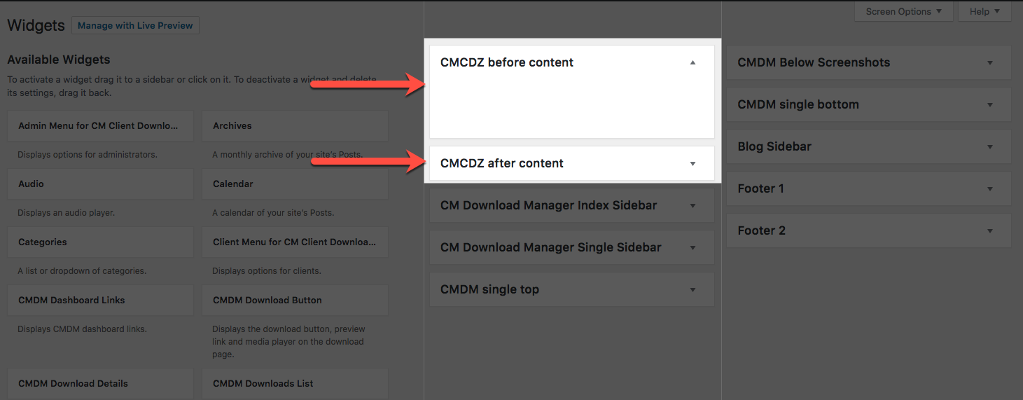 Client Download Zone widget areas - WordPress Client Portal Plugin