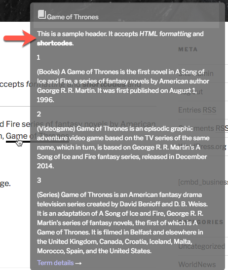 Example of the content before and after the definition in the term tooltip - WordPress Glossary Plugin