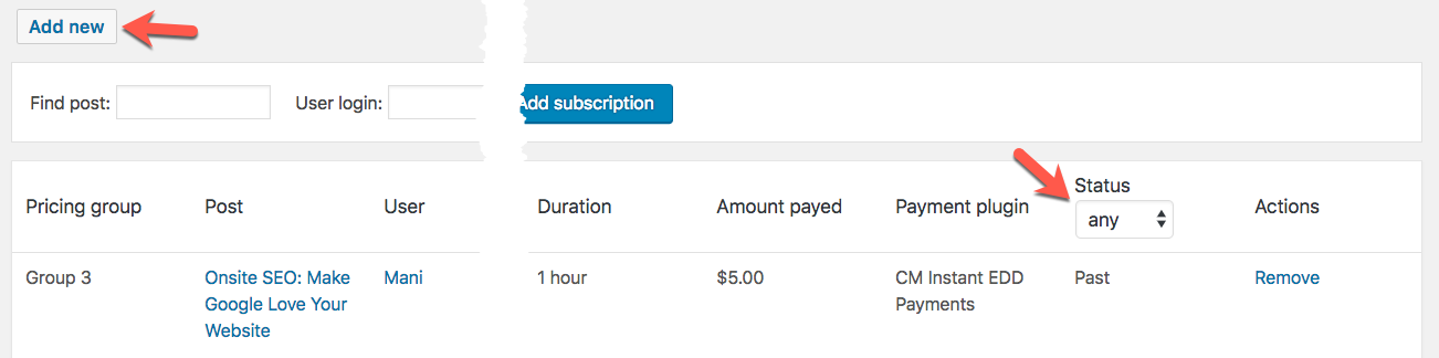 Adding a new subscription manually - Paywall Plugin WordPress